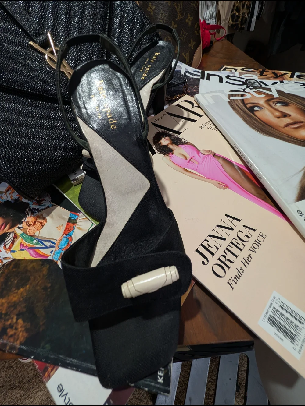 Early 2000's kate spade Black Suede Platform Slingback Heels with Cream Accents